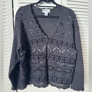 Vintage cutesy cotton blend Black Knit Cardigan w ribbons, beads, floral L